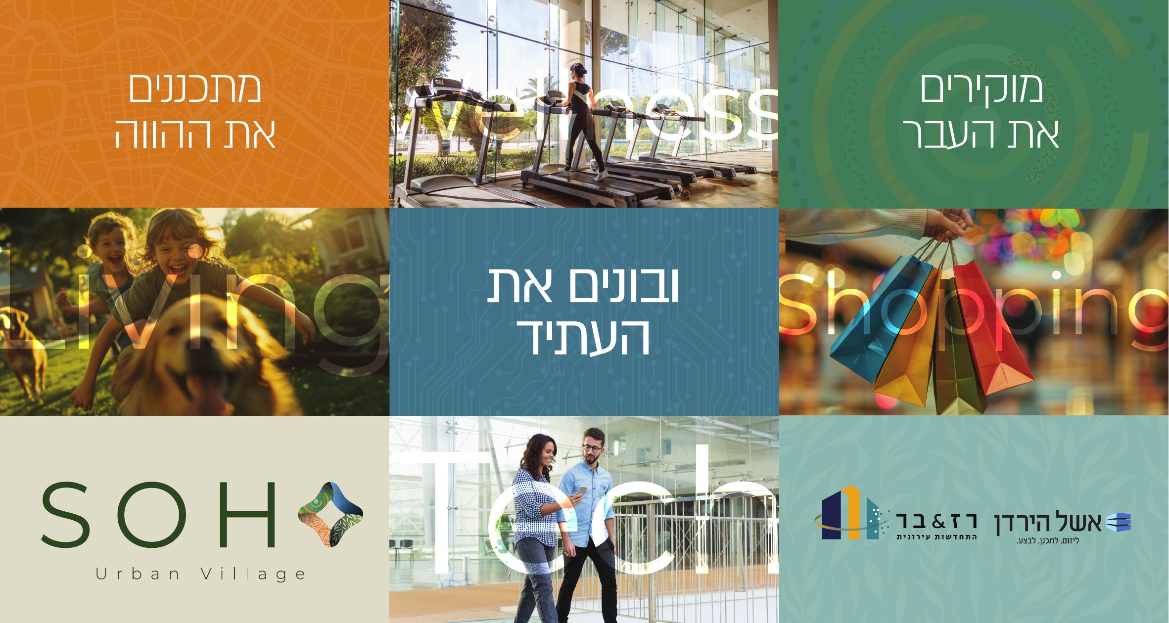 קיר מיתוג SOHO — Living · Wellness · Tech · Shopping
